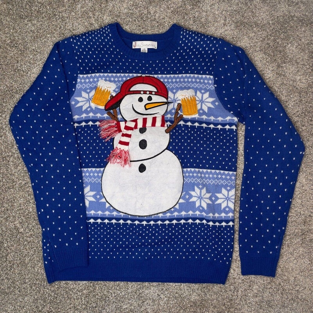 Jolly Sweaters Large Drinking Snowman Sweater Crewneck Ugly Christmas Beer Mug